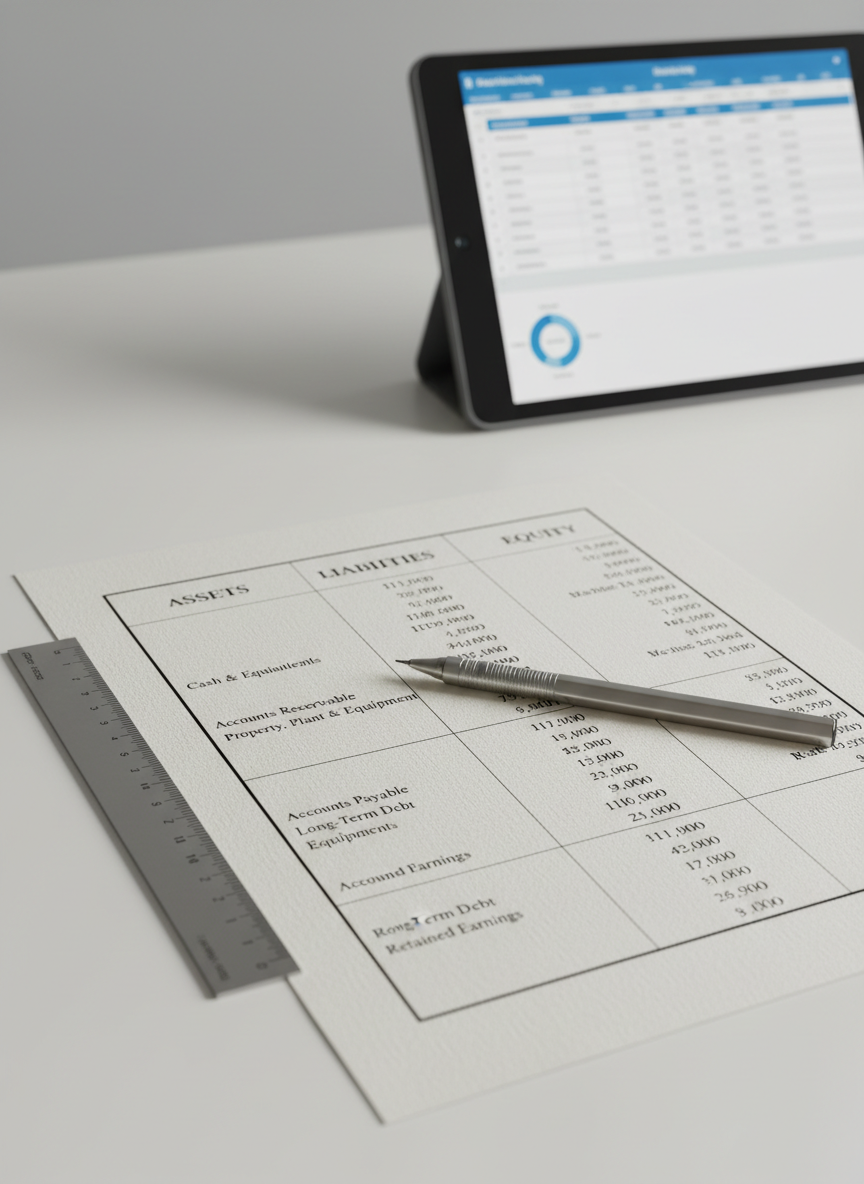 A close-up, photographic realism shot of a carefully arranged balance sheet printed on premium off-white paper, the crisp black serif font showing assets, liabilities, and equity in perfectly aligned columns. A fine-tipped mechanical pencil rests diagonally across the page, with a slim, brushed-metal ruler parallel to the margin. In the background, slightly out of focus, a matte-grey tablet displays a blue-and-white financial modeling spreadsheet. The setting is a clean white desk under soft overhead studio lighting that creates subtle shadows along the paper’s texture. Captured from a slightly elevated angle with a shallow depth of field, the composition feels calm, methodical, and highly professional, ideal for illustrating technical accounting resources and guidance.