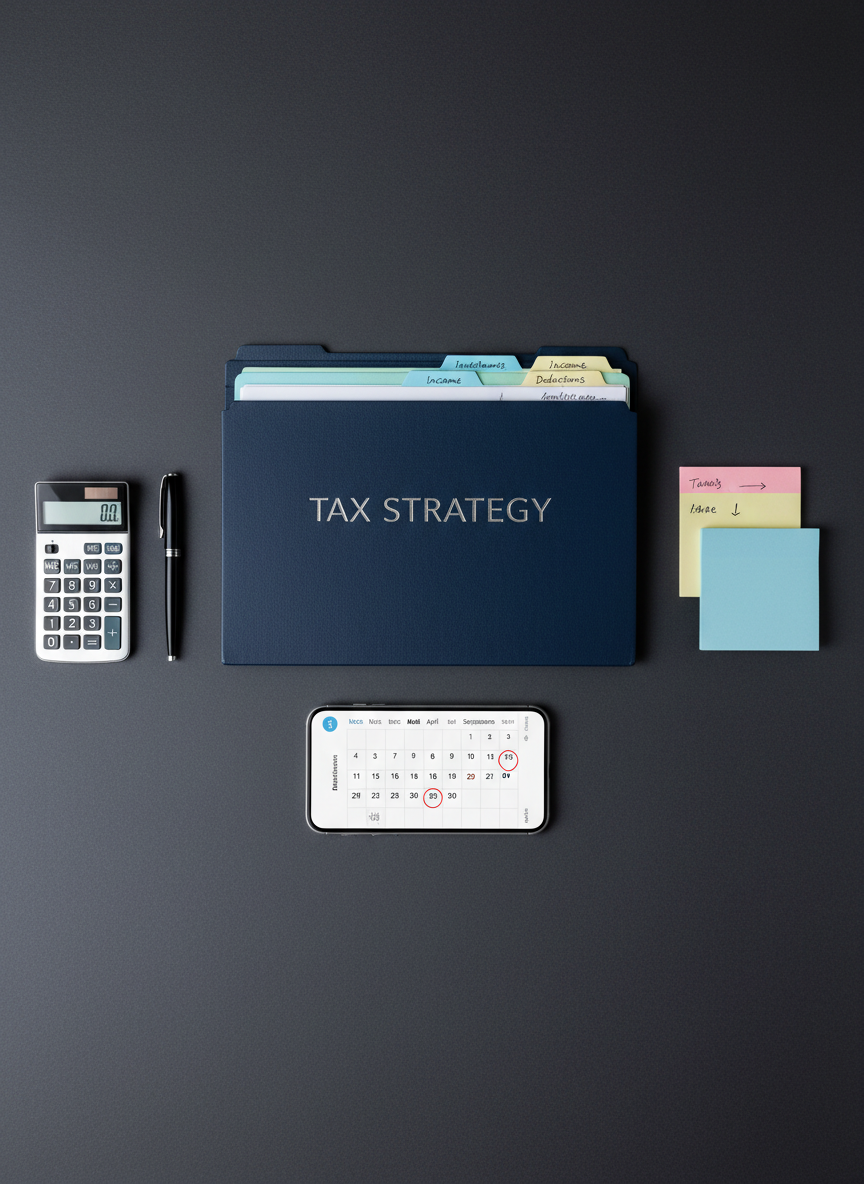 An elegant flat-lay composition of tax planning tools on a smooth charcoal-grey desk, captured in sharp photographic realism. At the center, a neatly labeled folder reading “TAX STRATEGY” in embossed silver lettering lies partially open, revealing color-coded tabbed dividers. Around it are a stainless-steel calculator, a slim black fountain pen, a small stack of pastel sticky notes with precise handwritten marginalia, and a smartphone displaying a clean tax calendar app with highlighted deadlines. Cool, even overhead lighting creates soft, minimal shadows, enhancing the organized aesthetic. The background remains uncluttered, with subtle texture in the desk surface. Shot directly from above with balanced framing, the mood is controlled, reliable, and highly organized, perfect for communicating tax compliance and planning expertise.