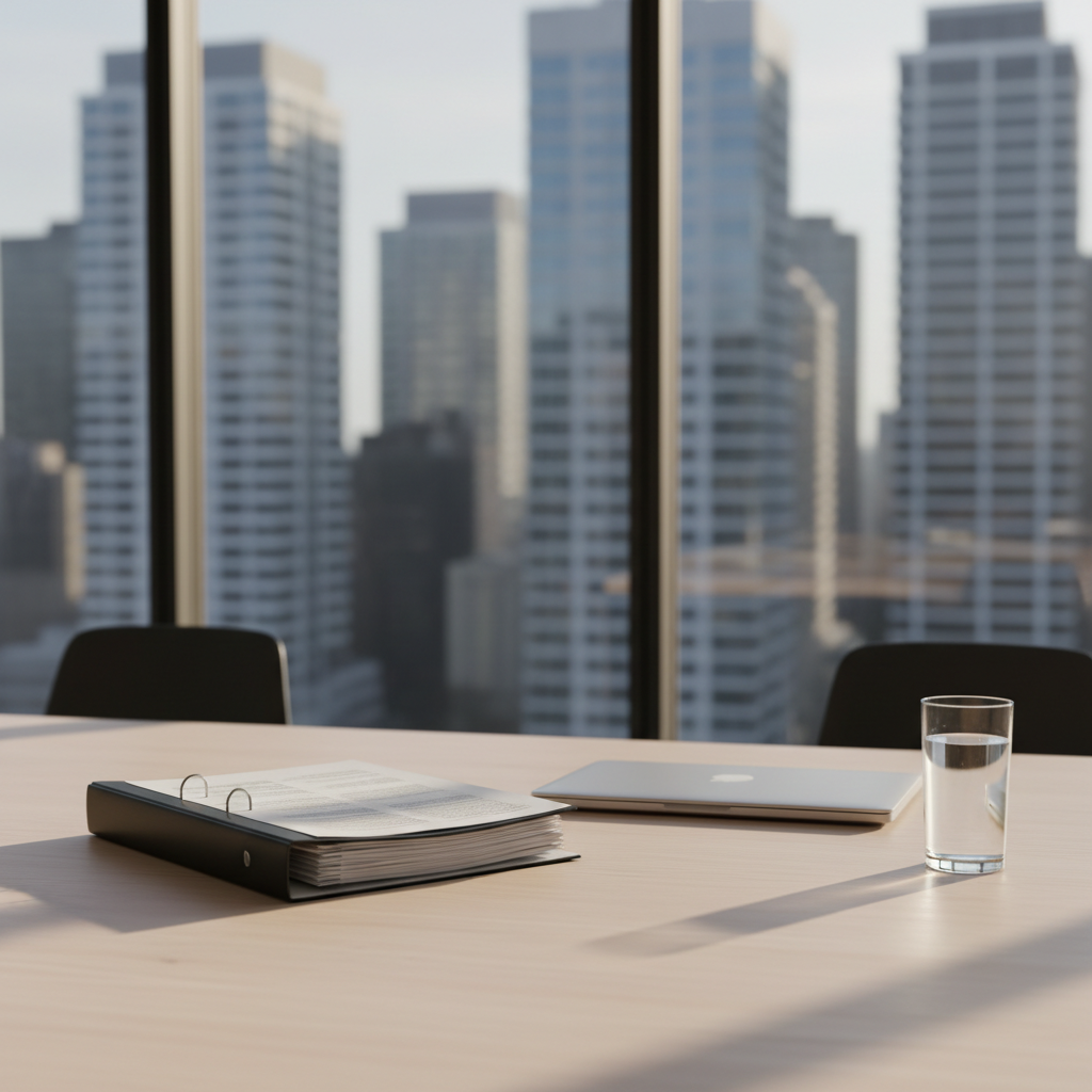 A minimalist conference table scene in photographic realism featuring a single, neatly stacked set of printed financial statements clipped in a matte-black binder, accompanied by a slim silver laptop closed beside it. The table is a pale ash wood surface in a glass-walled meeting room overlooking a softly blurred skyline of corporate towers. Late afternoon natural light streams in, casting long, soft-edged shadows and a gentle warm glow on the documents. A simple glass of water sits nearby, catching small highlights. Framed with a rule-of-thirds composition from a standing, slightly elevated viewpoint, the image conveys strategic clarity, high-level consulting, and quiet authority suited to a chartered accountant’s advisory services page.